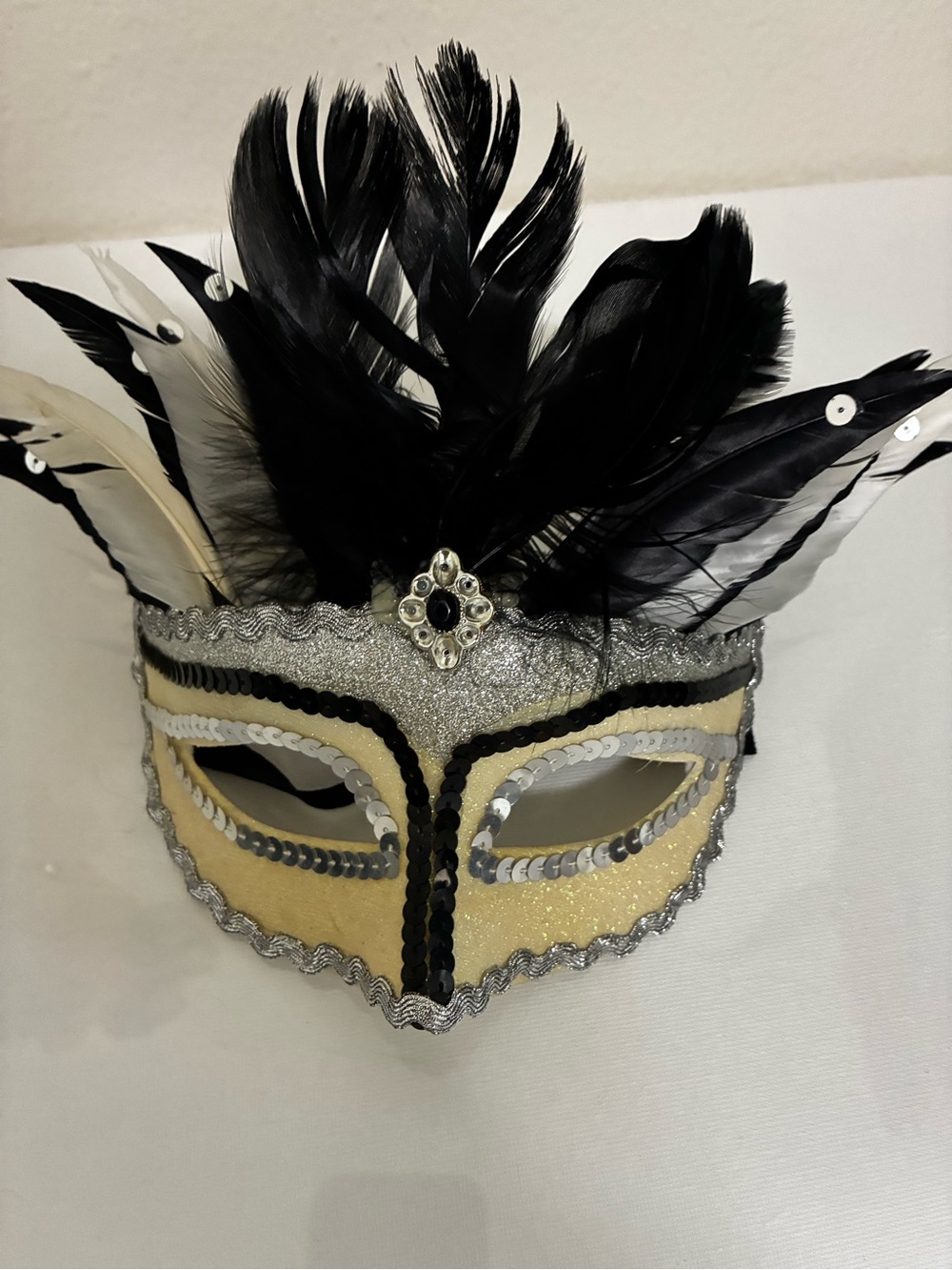 Feathered Masquerade Eye Mask in Black and Cream
